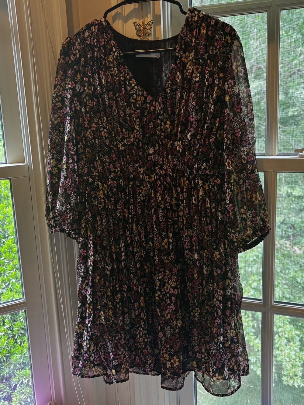 Mango Black Floral V-Neck Dress with Pink and Cream Blooms